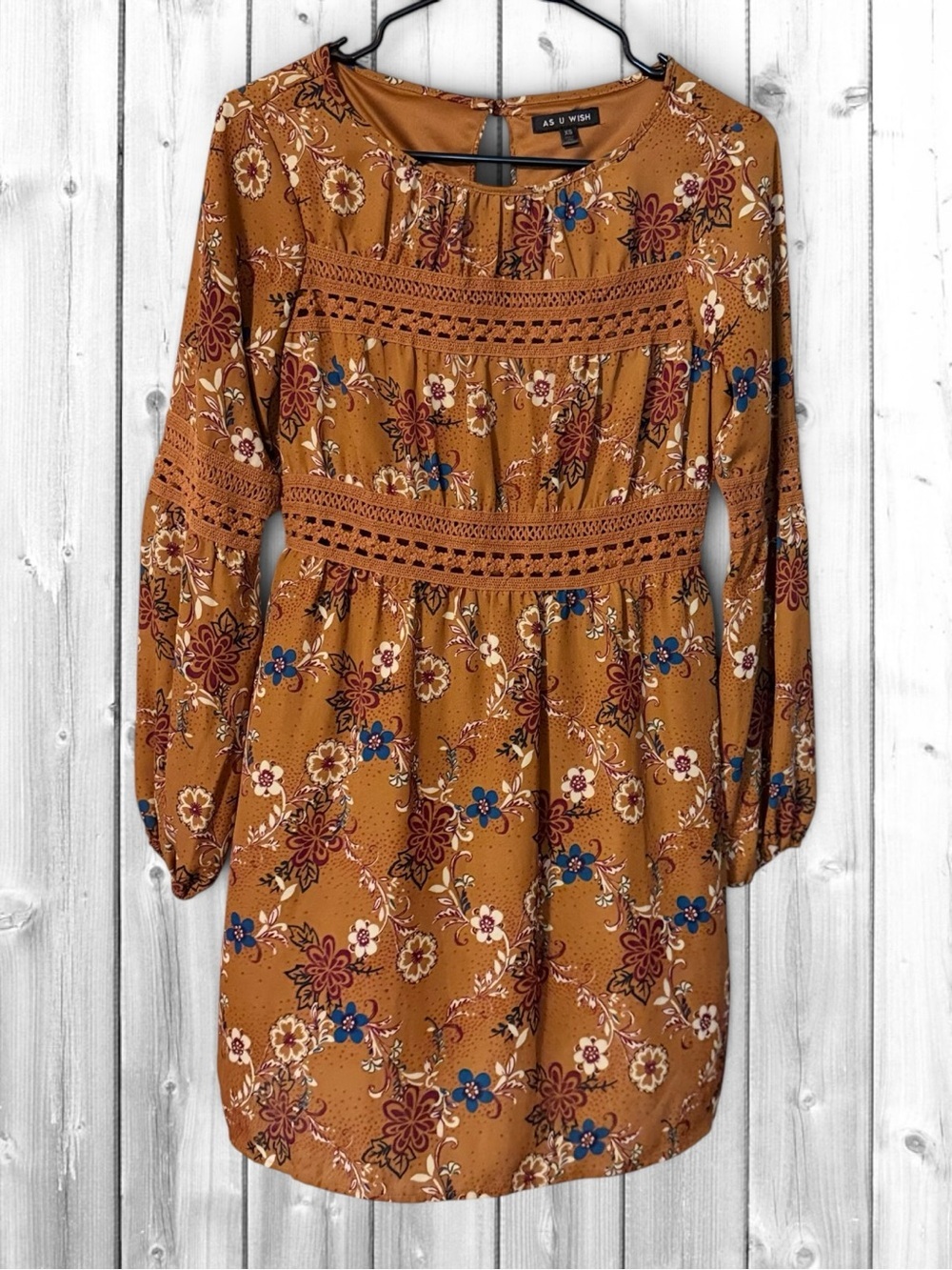 🌼As U Wish Mustard Floral Crochet-Trim Dress